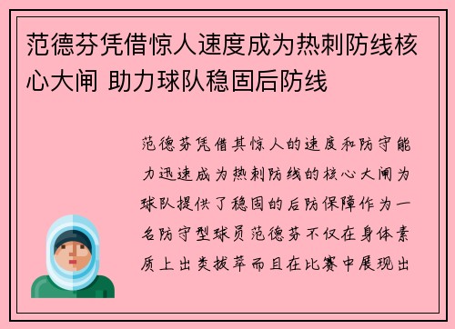 范德芬凭借惊人速度成为热刺防线核心大闸 助力球队稳固后防线 范德芬凭借惊人速度成为热刺防线核心大闸 助力球队稳固后防线