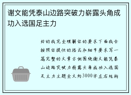 谢文能凭泰山边路突破力崭露头角成功入选国足主力 谢文能凭泰山边路突破力崭露头角成功入选国足主力